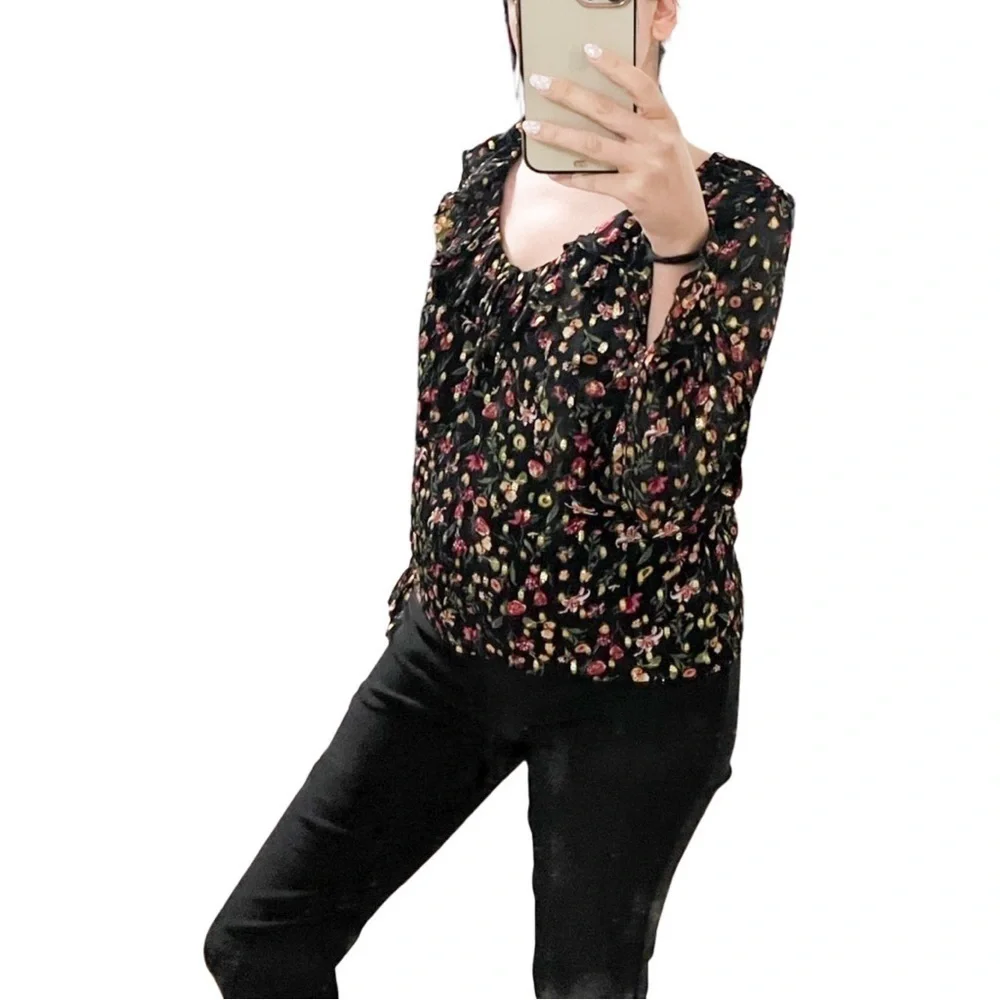 J CREW Ruffleneck Long Sleeve Top In Midnight Vintage Floral XS